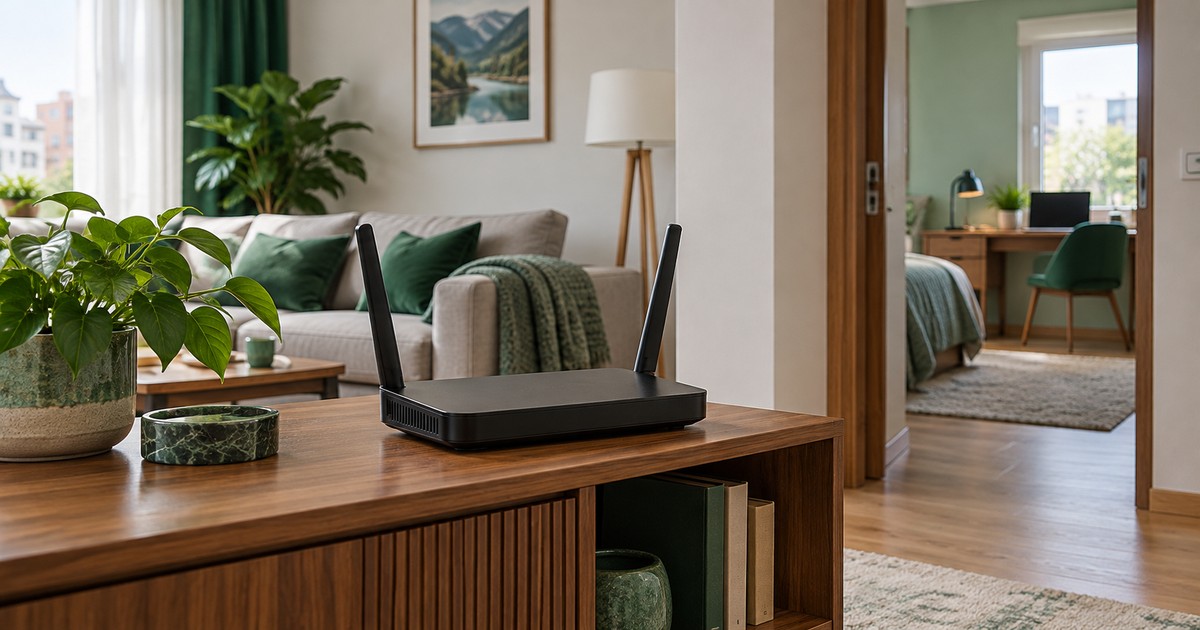 Mənzildə açıq rəfdə yerləşən Wi-Fi router və arxa otaqdakı noutbuk